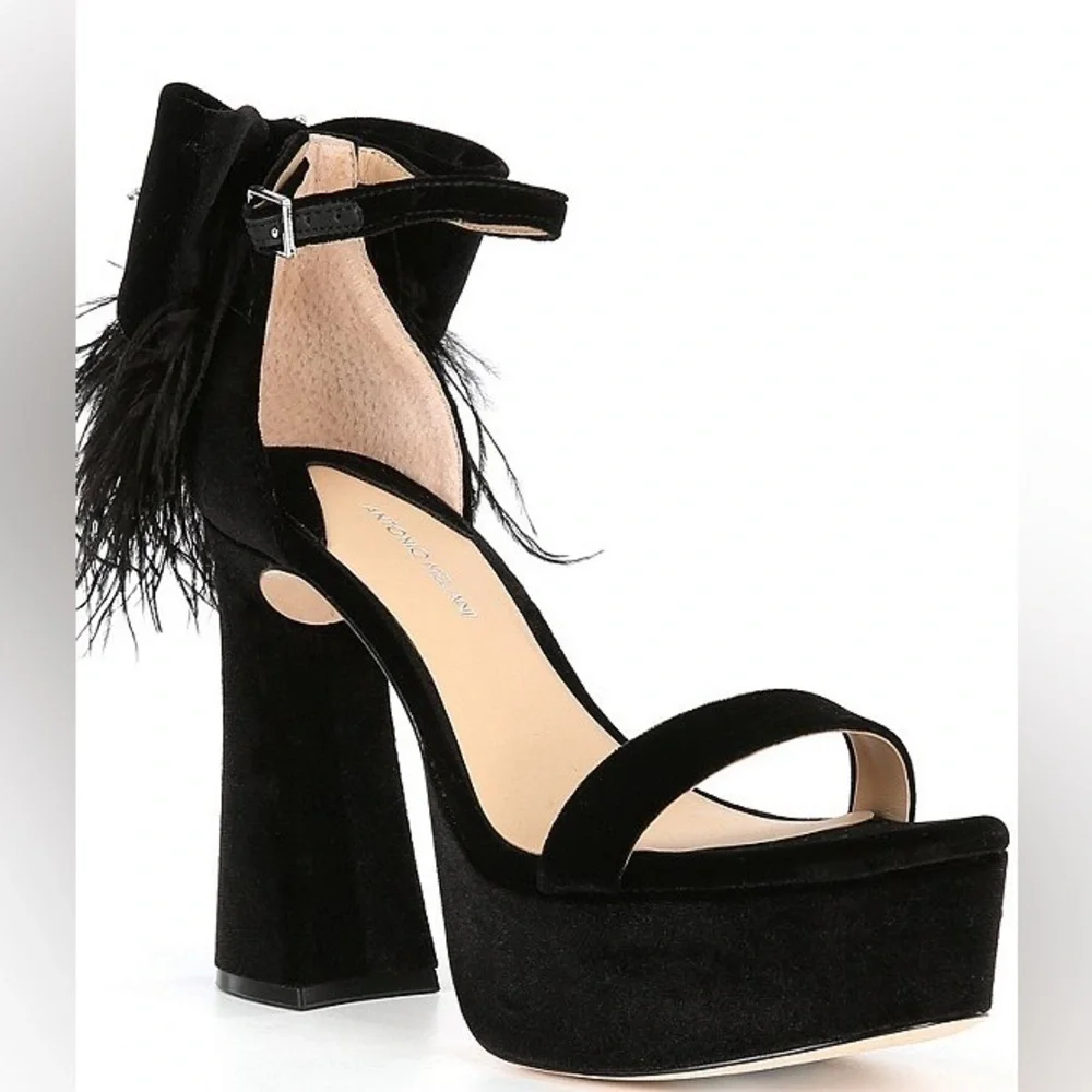 ANTONIO MELANI Black Platform Feather Ankle-Strap Sandals